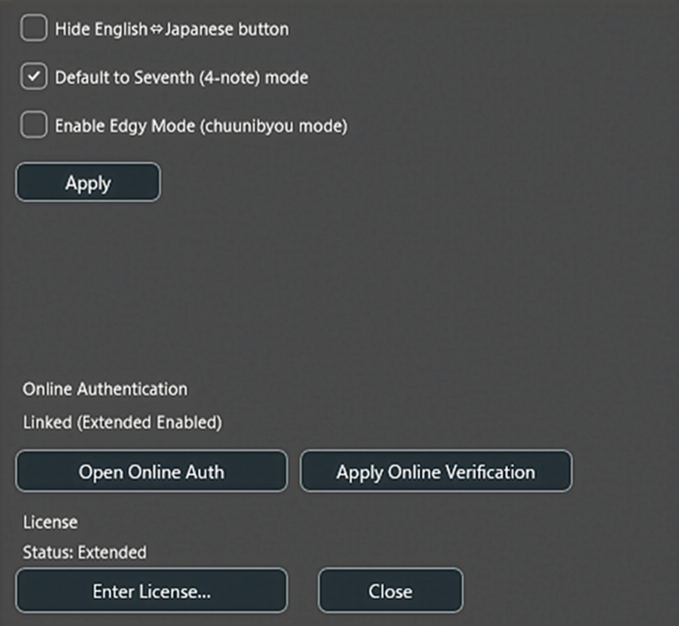 Settings and licensing window