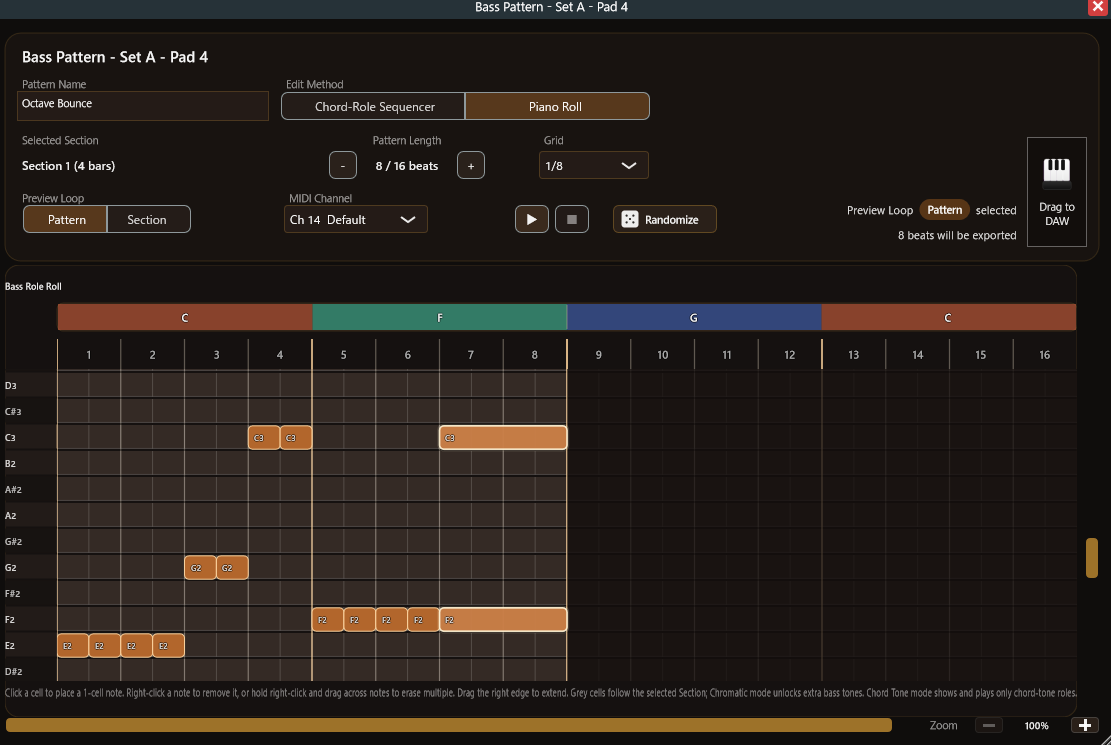 Bass pattern editor (MIDI Roll)