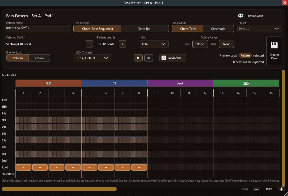 Bass pattern editor (Chord-Role Sequencer)
