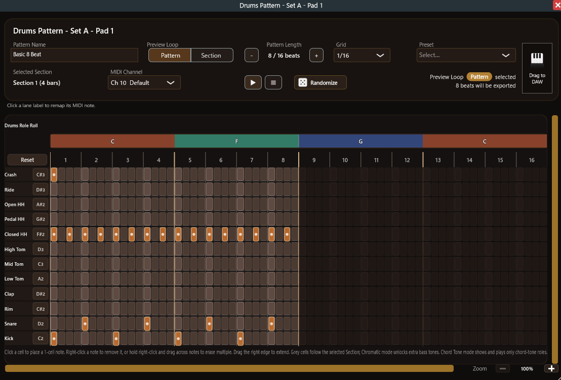 Lane-based Drums step editor screenshot