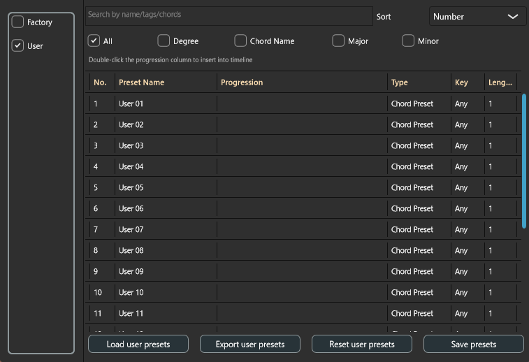 プリセット管理の画面